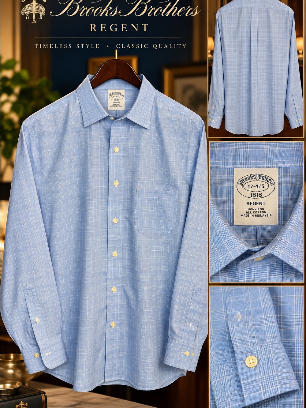 Brooks Brothers 1818 Regent Dress Shirt 17-4/5 Non-Iron 100% Cotton Blue Plaid